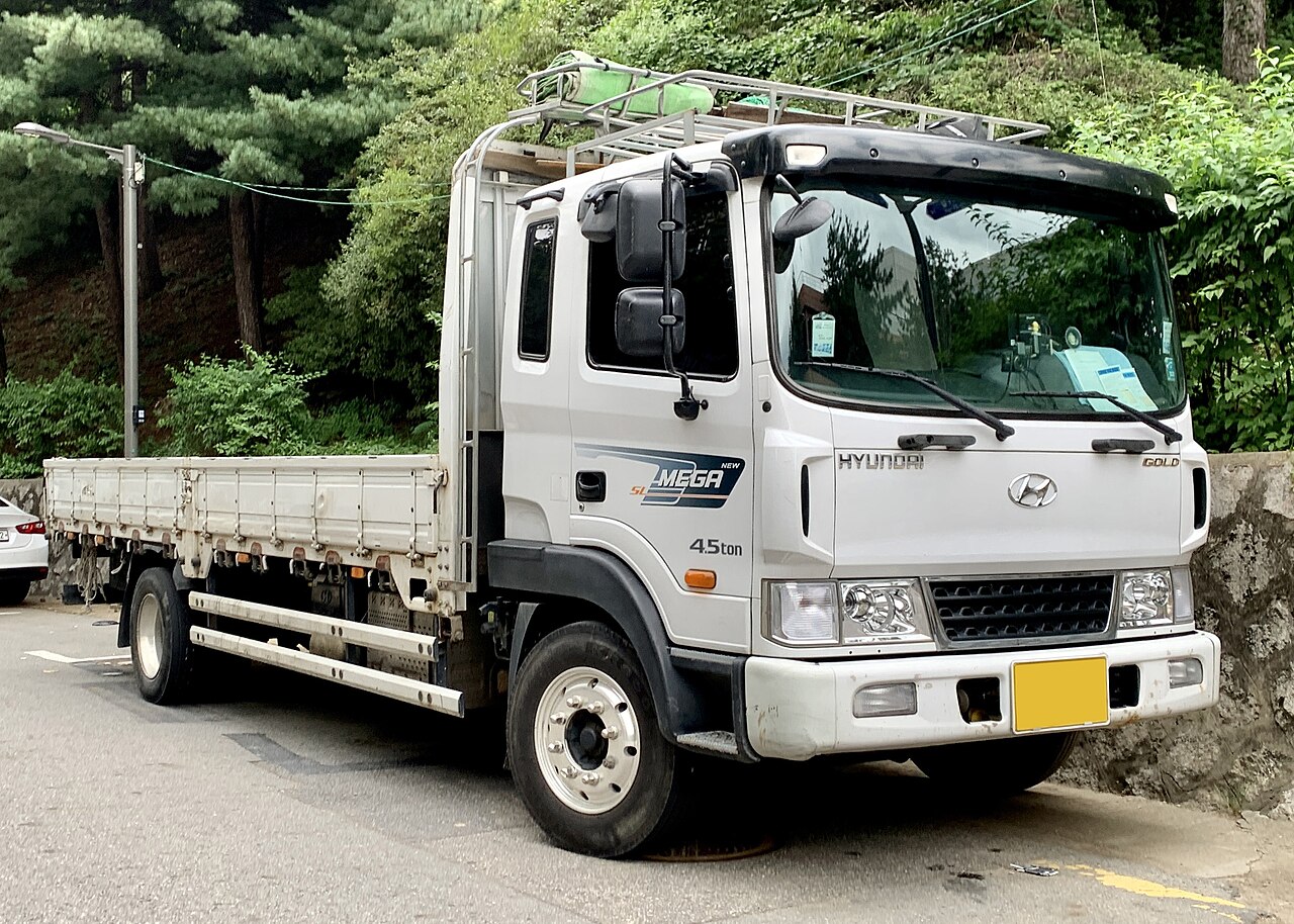 적재함이 열린 대형 카고 화물차 측면